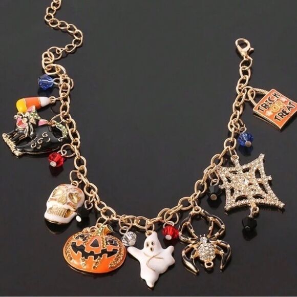 HALLOWEEN SALE Gold Crystal Pumpkin Cat Ghost Spider Charm Bracelet - Picture 2 of 4